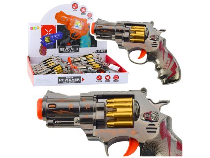 Hračka pistole revolver s otočným zásobníkem, světla, zvuky