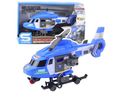 Policejní vrtulník s hákem a nosítky, světla, zvuky, modrý 1:16