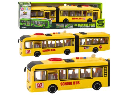 Školní kloubový autobus otevírací dveře, světla, zvuky, žlutý 1:16
