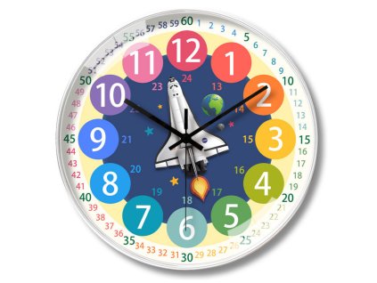 Dětské výukové nástěnné hodiny – raketa do vesmíru, barevné