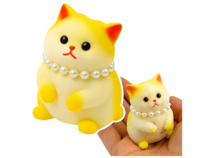 Senzorická squishy měkká kočička s perličkami, bílá a žlutá 7,5 cm