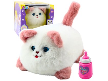 Plyšová interaktivní kočička mňouká, mrká, opakuje, s lahví, bílá