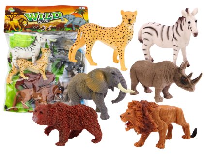 Set of 6 Wild Animal Figurines, Elephant, Lion, Rhinoceros