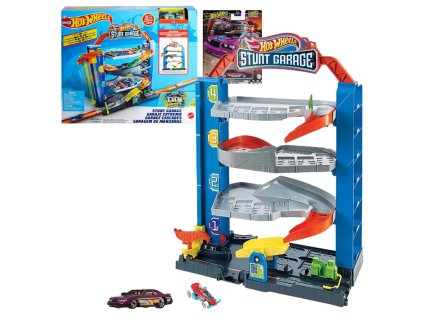 Hot Wheels Kroucené parkoviště s výtahem GNL70 + autíčko '86 Ford Thunderbird Pro Stock HRT72