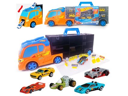 Hot Wheels Transporter na 12 aut + auto a dopravní značky 42040P + 5-pack Retro Races HTV50