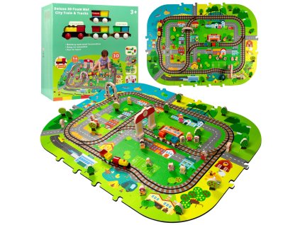 Pěnová podložka Deluxe 3D s vláčkem na baterie a kolejemi – Vzdělávací sada Město 56 dílků 3v1