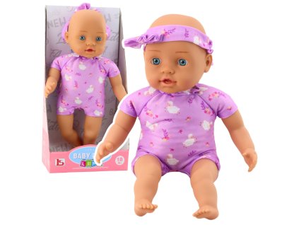 Panenka v fialovém body měkké bříško, čelenka s mašlí 31 cm