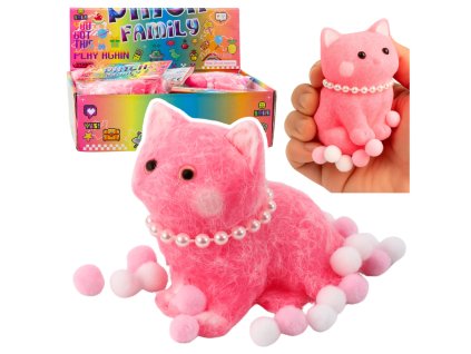 Senzorické mačkací koťátko s perlami a bambulkami růžové 8 cm