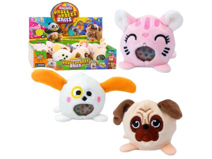 Plyšová mačkací squishy hračka s vodními kuličkami pes kočka 6 cm