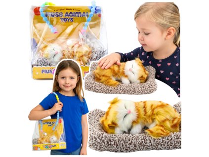 Spící zrzavá kočka na polštářku figurka s kožíškem sáček zvuky