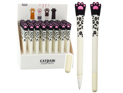 Gelové pero kočičí tlapka modrý inkoust víčko černobílé 16,5 cm