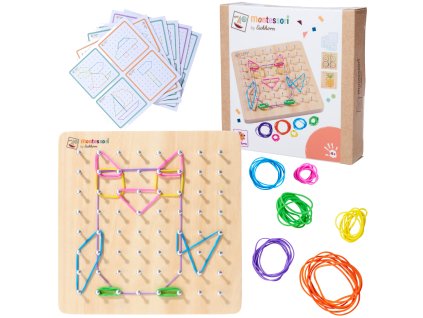 Montessori Sada Dřevěná Geoboard Gumky + Vzory Geometrická Tabule 85 Prvků
