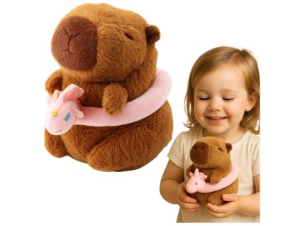 Plyšová Kapibara Růžový Záchranný Kruh s Jednorožcem Hnědá 20 cm