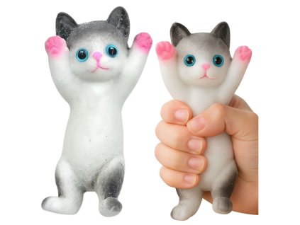 Senzorická Squishy Měkká Kočička Ležící Kožíšek Bílá a Šedá 13 x 6,5 cm