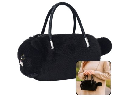Plyšová Kabelka ve Tvaru Kočky s Řetízkovými Uchy Černá