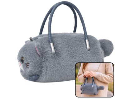 Plyšová Kabelka ve Tvaru Kočky s Řetízkovými Uchy Šedá