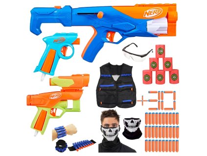 Nerf N Series Gear Up Pack sada 3 blasterů F8633 + 30 šipek N1 + náramek + terče + vesta + šátek + brýle