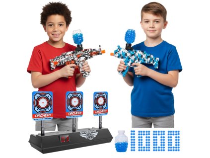 Dvojbalení 2× automatická gelová puška MP5 bílo-červená a bílo-modrá ST620 + elektronický terč (3 cíle)