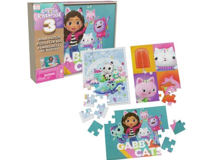 Dřevěné puzzle Gábinin kouzelný domek – 3 skládačky po 24 dílcích