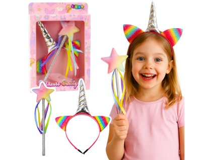 Čelenka s unicorn – roh, uši, hůlka