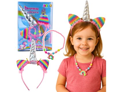 Sada unicorn čelenky – uši, roh, náhrdelník, barevná