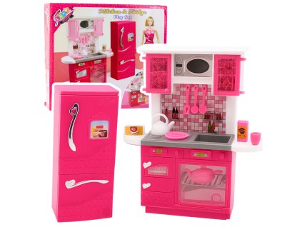 Kuchyňská sada pro panenky – lednice, trouba, doplňky, růžová