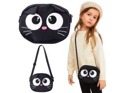 Taštička s motivem kočky – kapsa na zip, nastavitelný popruh, černá 21 × 16 cm