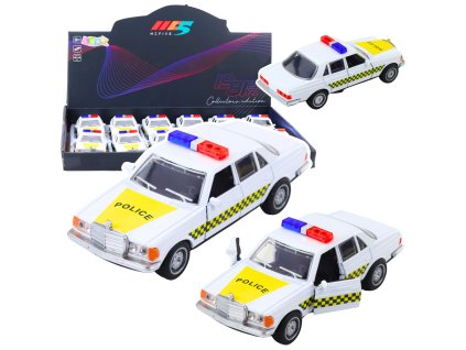 Klasické policejní auto – kovový model s otevíracími dveřmi, bílé 1:32