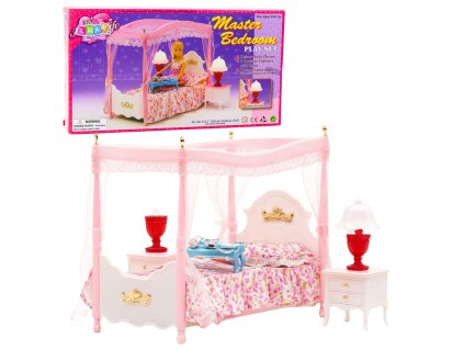 Sada nábytku pro panenky – postel s nebesy, noční stolky, lampy