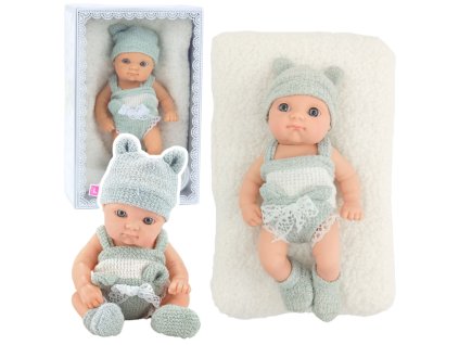 Panenka miminko s dekou, bílo-šedý outfit, čepička, 18 cm