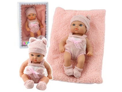 Panenka miminko s dekou, bílo-růžový outfit, čepička, 18 cm