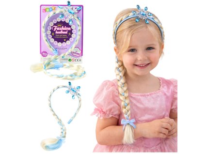 Čelenka s dlouhým copem – modrá stuha, kamínky, sněhová vločka, 50 cm