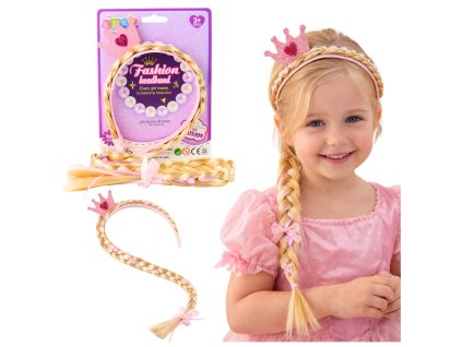 Čelenka s dlouhým copem – růžová stuha, kamínky, korunka, 50 cm