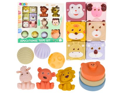 Sada měkkých senzorických ECO bloků – gumová zvířátka, 18 ks