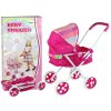 Růžový kočárek pro panenky s barevným baldachýnem 66 cm