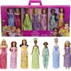 Sada panenek Disney Princezny 7 hrdinek v třpytivých šatech Ariel, Locika, Aurora, Popelka, Bella, Jasmína, Tiana