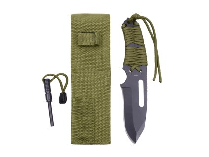 Nôž PARACORD ROTHCO s pevnou čepeľou + kresadlo OLIV