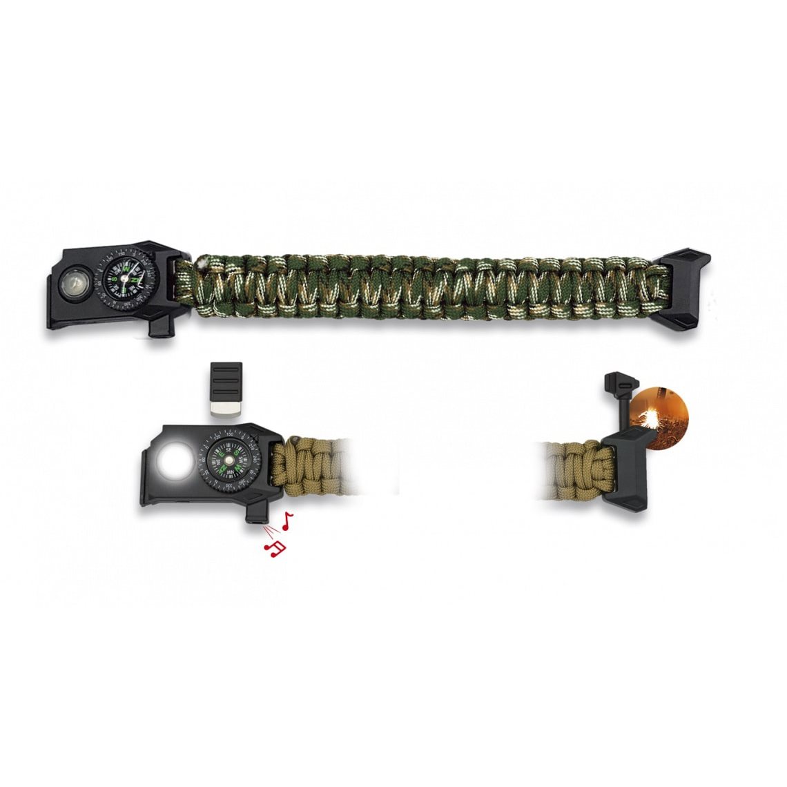 Náramok paracord s kompasom, píšťalkou a svietidlom CAMO