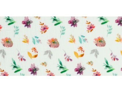 Látka – Mušelín - Jarní květy bílá Švadlenka Madlenka