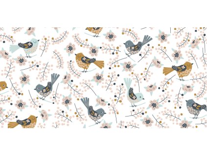 Látka – Popelín - Ptáčci v kytičkách Švadlenka Madlenka