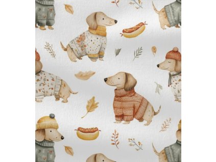 Teplákovina - Pejsci a hot dog – detail vzoru a struktury látky ze Švadlenka Madlenka.