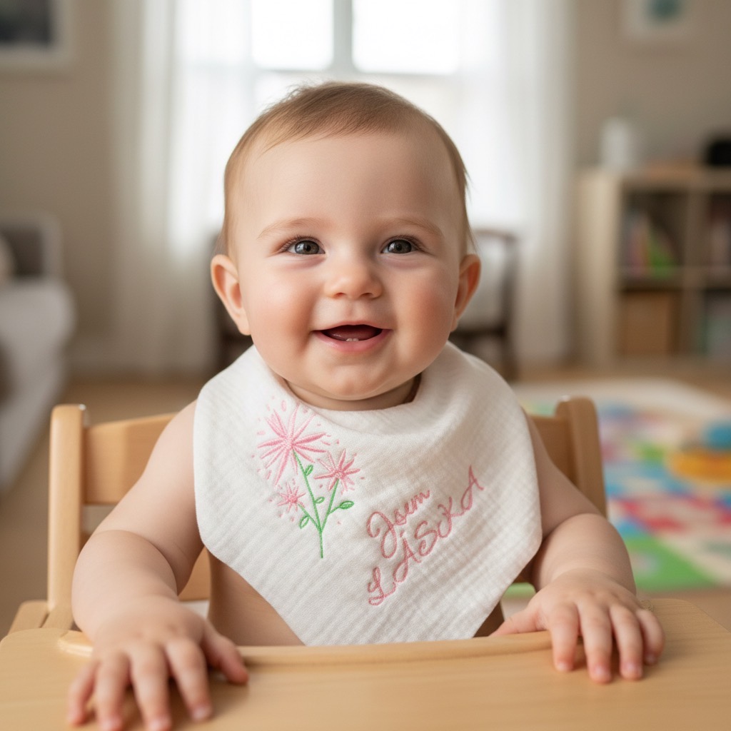 Usměvavé miminko v dřevěné židličce s personalizovaným slintáčkem od švadlenky Veroniky