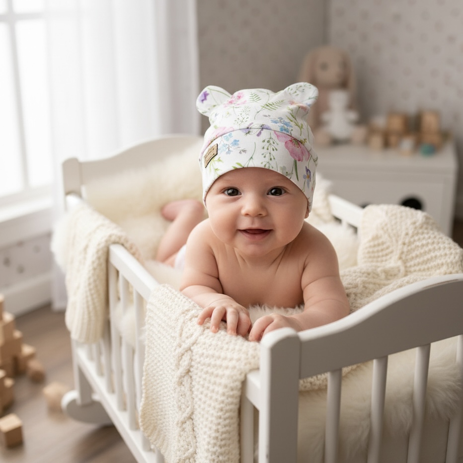 Miminko v pohodlné čepičce s roztomilým detailem (uzlíky/ouška), která perfektně sedí a nepadá přes oči.