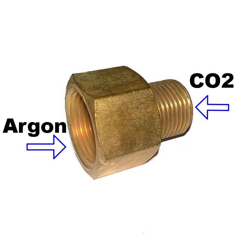 Proindustry Přechodka / redukce na lahev a redukční ventil Přechodka: Přechodka ARG, Kyslík lahev -> CO2 RV 756984 přechodka mezi závity různých redukčních ventilů