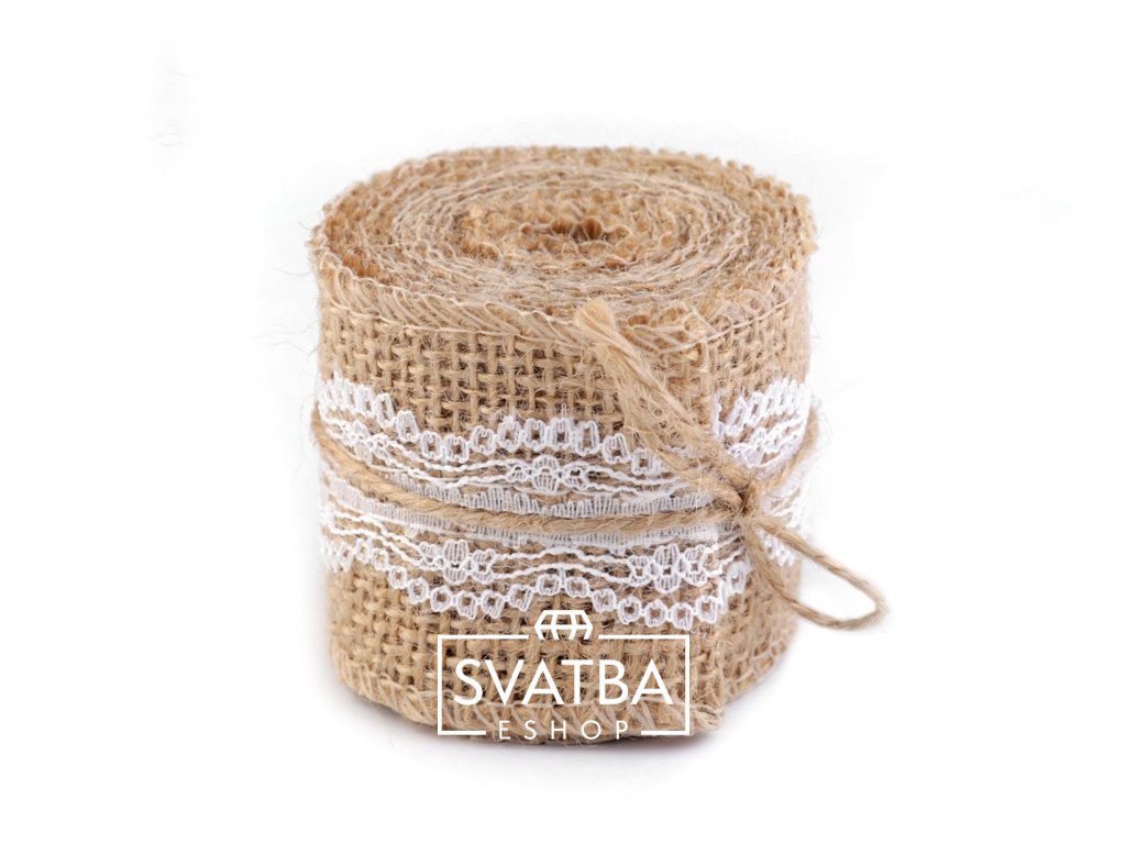 Jutová stuha s krajkou 50 mm x 2 m č.1 úzká krajka uprostřed - výroba dekorací na vintage svatbu