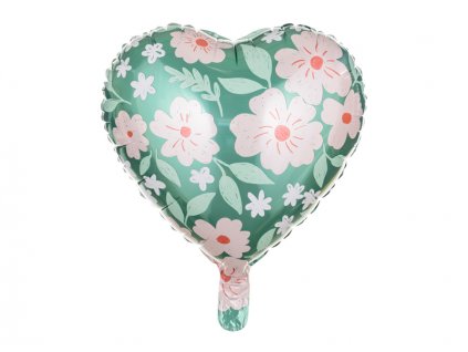 Foliový balónek srdce 45 cm zelené s květy