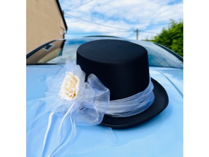 Cylindr černý s ivory přízdobou - svatební cylindr na ženichovo auto