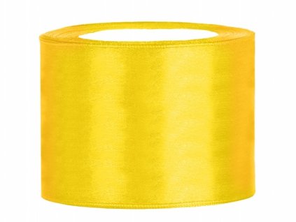 Stuha saténová žlutá 50 mm x 25 m - žluté saténové široké dekorační stuhy 5 cm x 25 m na svatební aranžmá, mašle, dekorace