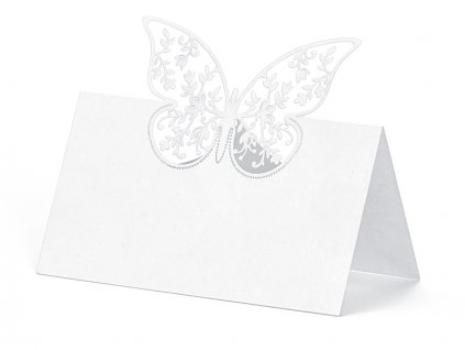 Jmenovka na stůl s vyřezávaným motýlkem bílá 10 ks