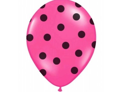 Balónek sytě růžový s černými puntíky  33 cm - nafukovací balónky růžové s černými puntíky na svatbu, party, oslavu